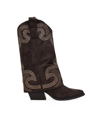 BOSANOVA Botas Camperas para Mujer con Polaina y tachas metálicas Decorativas. Suela con Acabado en Punta y tacón Cubano. Cierre con Cremallera. Calzado para Mujer Marron 38