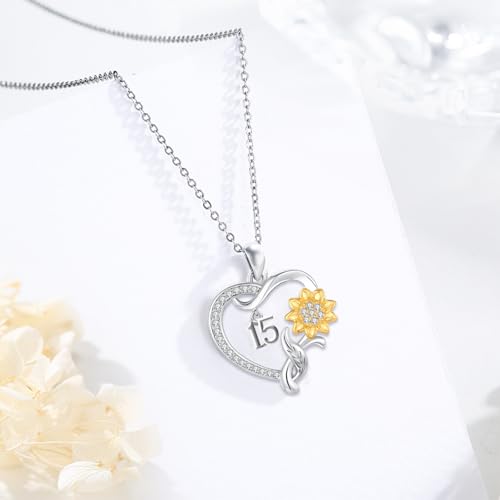 JUSTKIDSTOY 18 Year Old Girl Birthday Gifts/Sweet 15th/16th/21st/60th/80th Birthday Gifts for Daughter 925 Sterling Silver Sunflower Heart Pendant Necklace for Women Girlfriend Sister Christmas Anniversary Jewelry3
