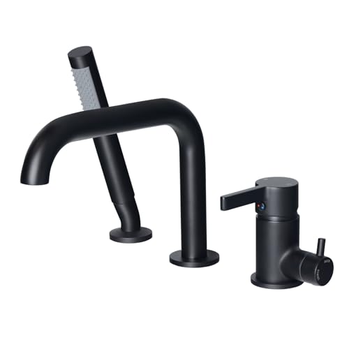 Grifo para bañera romano con rociador, montaje en cubierta, caño rotativo de latón de alta capacidad, acabado negro mate, modelo 5YMK miniatura 1