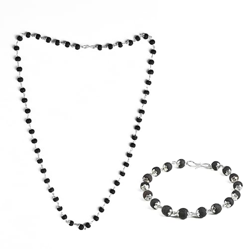Image of ZAICUS Karungali Mala & Bracelet Combo 54+1 Silver Capped 6mm Beads | Spiritual Black Beads Set for Puja, Jap, Meditation | Unisex Gift Item
