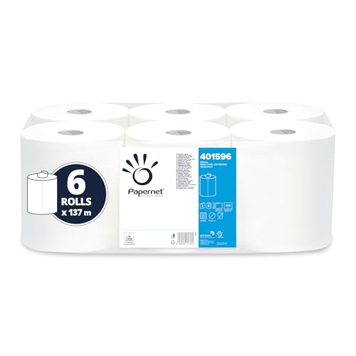 Papernet - Papierhandtuchrolle mit Zentralentnahme 401596, Packung mit 6 Rollen reines Zellulosepapier je 137 m, 2 Lagen, 450 Dienste von 19,7x30 cm pro Rolle