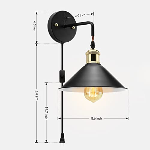 KEWANNO Plug in Wall Sconces, 2PACK Wall Lamp with Plug in Cord, Plug in Wall Light Sconces, Sconces Wall Lighting Plugin, E26 Modern Wall Light Fixtures (Black) - Image 3