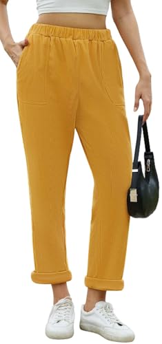 CheChury Women's Corduroy Trousers Ladies Elasticated Waist Trousers Straight Leg Cord Pants with Pockets Relax Fit Full Length High Waist Pull On Office Casual Trousers for Women,Yellow,S