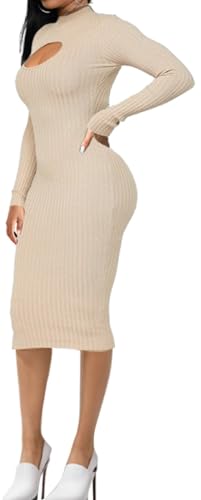 Image of Oxgmoky Women's Church Long Sleeve Sweater Dress Ribbed Bodycon Midi Work | Soft ribbed knit bodycon midi sweater dress with sleeveless cut and round neck for church, work and dinners