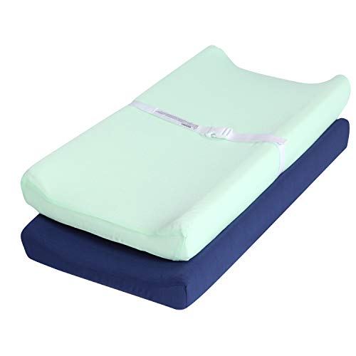 Image of TILLYOU Changing Pad Cover Set in Soft Jersey Material - Fits 32"/34''x16 Contoured Pad for Babies, Navy Blue & Lt Green