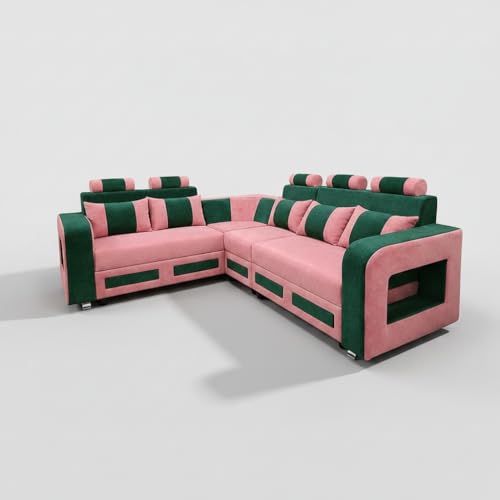Image of APRODZ Wooden Sofa Set 6 Seater for Living Room, Solid Wood L Shape Sectional Sofa with Velvet Fabric Upholstery, Cushioned Seating for Home, Office & Lounge, Green & Pink
