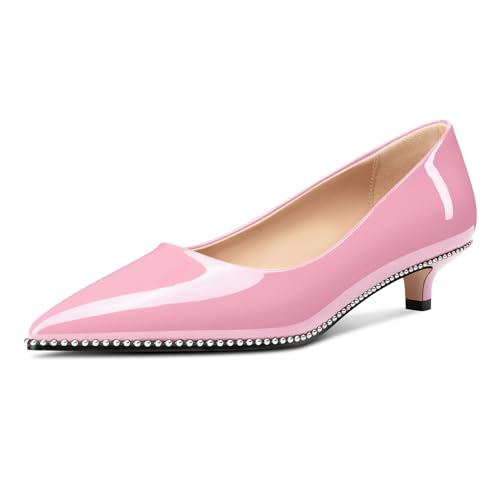 Image of Aachcol Womens Low Heel Pointed Toe Pumps Silver Beaded Kitten Heels Slip-on Comfortable Office Dress Shoes 1.4 Inches Heels