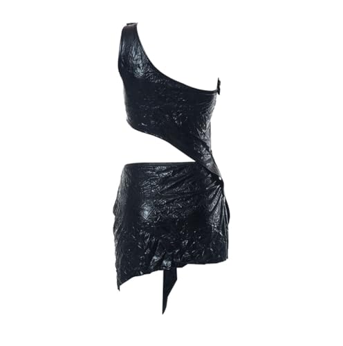 Women's 2 Pieces Metallic One Shoulder Ruched Cut Out Crop Tops Sleeveless Asymmetric Ruffle Tank Shirt Mini Skirt Set3