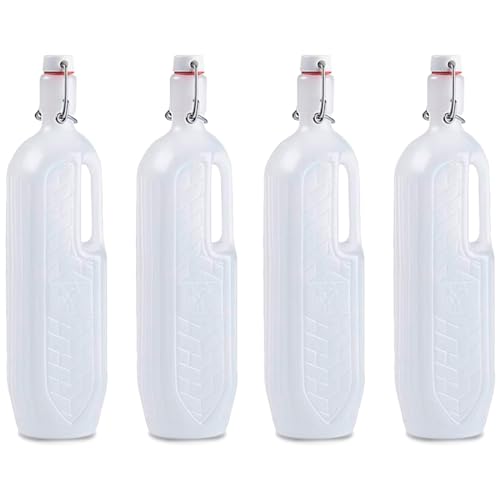 Tradineur - Pack de 4 Botella de plástico con asa - Disponible tapón a presión y asa - Fabricado en plástico (PP) - 30 x 6,5 x 7,5 cm - 1 Litro