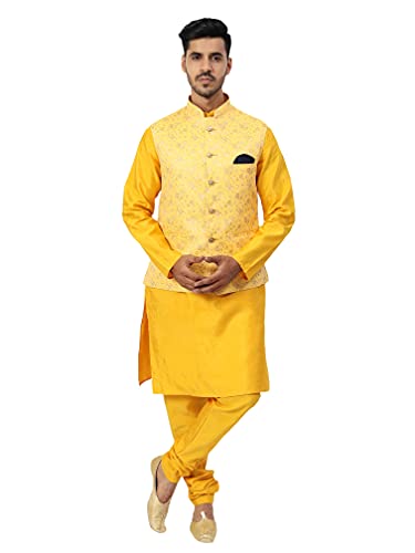 Image of Uri and MacKenzie Men's Silk Blend Regular Kurta Churidar Pyjama with Bundi Nehru Jacket /Waistcoat