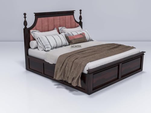 Image of Craft Wooden Queen Size Bed with Storage | Double Bed Cot Bed with Box Storage & Pink Colour Upholstered Cushioned Headboard for Bedroom | Solid Wood Sheesham, Walnut