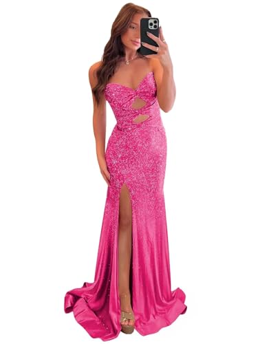 Bolodoo Off the Shoulder Sequin Prom Dress with Long Split Mermaid Beaded Formal Gowns Hot Pink Size...