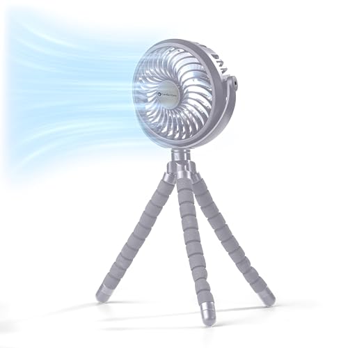 Image of Comfort Zone Portable Stroller Fan – Rechargeable Battery Operated Clip-On Fan with 360° Flexible Tripod & LED Light – 3-Speed Cooling for Car Seats, Cribs, Treadmills & Travel – Silver