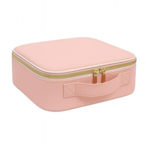 Estojo de Maquiagem com Espelho LED, Rosa, Organizador Portátil com Divisórias, Maleta de Viagem