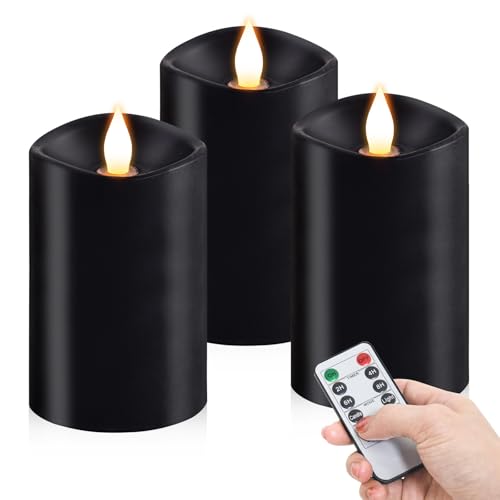 Image of 3PCS, 3 x 5 inches Flameless Candle with Remote Control, 3D Flickering Wick, Real Wax Pillar LED Candles, Battery Candles,with Timer,for Holiday Home Decor, Black