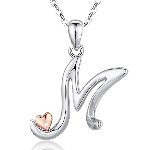 CELESTIA 925 Sterling Silver Initial Necklaces 26 Letter with Rose Gold Heart - 18 Inch Chain
