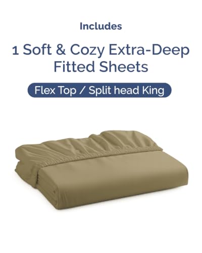 Image of Extra Deep Flex Top Split Head King Fitted Sheet - Hotel Luxury Single Fitted Sheet Only - Easily Fits 18 inch to 24 inch Mattress - Ultra Soft, Wrinkle Free w /Extra Deep Pockets - Khaki