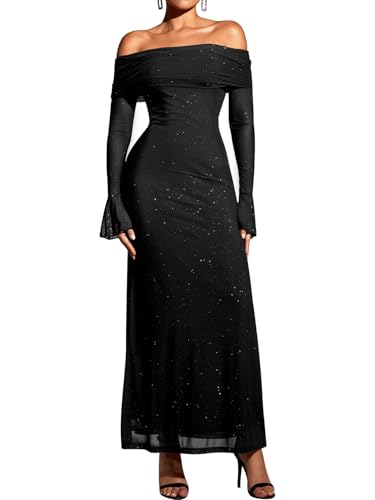 KUTUMAI Women Off Shoulder Bodycon Maxi Dress Long Sleeve Mesh Ruched Party Formal Wedding Guest Dresses Sequin Black L