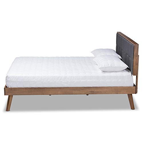 Baxton Studio Alke Mid-Century Modern Dark Grey Fabric Upholstered Walnut Brown Finished Wood Full Size Platform Bed #TOP2