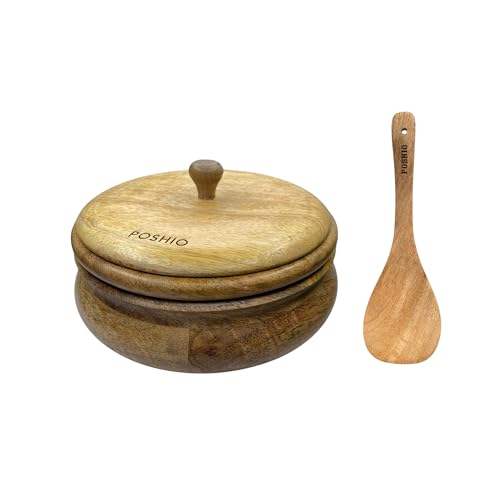 Image of POSHIO Wooden Casserole Hotpot Box with 1 Ladle, Breads Storage & Serving Box | Mango Wood Container | Non-Toxic Polished Serveware- Natural Wood Finish (1, Natural, 9x9x4in, Style 1)