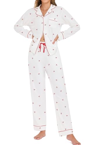 Image of LUBOT 100% Cotton Pajamas for Women Pajama Set 2 Piece PJ Sleepwear Set Soft Ladies Button Knit Long Sleeve Loungewear XS-XXL