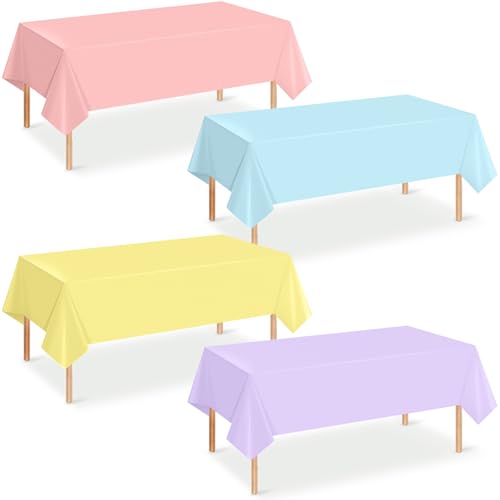 YIDAKO 4Pcs Pastel Tablecloths Mix Color Plastic Tablecloth Disposable Rectangle Table Covers for Baby Shower Bridal Wedding Easter Birthday and Ice Cream Party Decorations 54 x 108 Inch