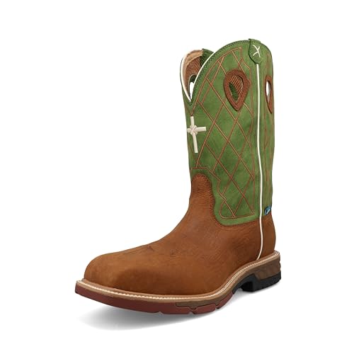 Image of Twisted X Men's 12 inch Western Work Boot, Square Toe Nano Toe with CellStretch, Caramel Cafe & Green, 14 D