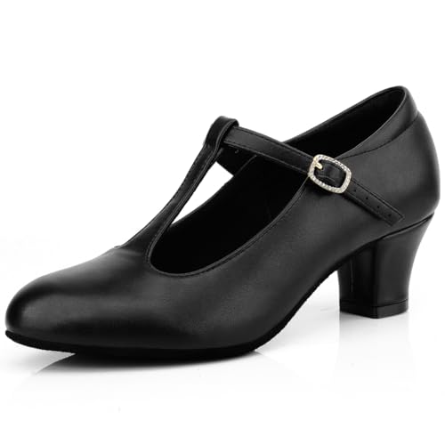 Women's T-Strap Character Shoes Latin Ballroom Dance Heels Black Wedding Pumps