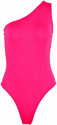 Kelisky Women's Sexy One Shouler Sleeveless Solid One Piece Bodysuit (M, Neon Pink)