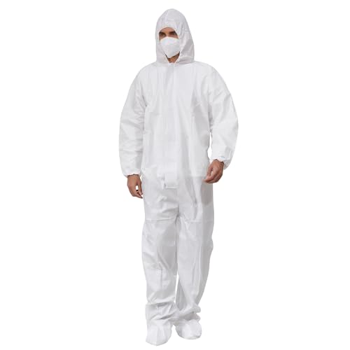 Greenour Hazmat Suits With Boot Covers Pack of 2 Disposable Heavy-duty Microporous Coveralls Paint Suits White with Hood X-Large