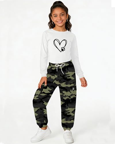 Image of Betusline Girls Fall Winter Clothing Sets, Long Sleeve Crop Top & Cargo Jogger Pants 2 Piece Outfit Sets,4T-14Y