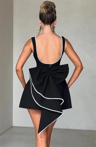 Womens Elegant Pearl Bow Backless Short Dress Sleeveless Slim A-Line Mini Dresses2