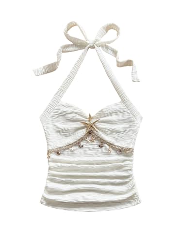 Milumia Womens Starfish Tie Backless Halter Top Textured Ruched Sleeveless Y2k Summer Tops Plain White Medium