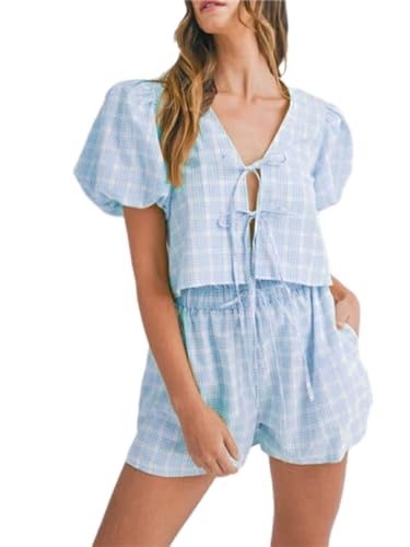 Image of Yuemengxuan Women Y2k Two Piece Plaid Lounge Sets Puff Sleeve Tie front Blouse Top High Waist Shorts Casual Pajamas Sets