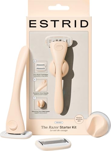 Estrid Juego de navaja de afeitar para mujer con sistema de 5 cuchillas, tiras de humedad veganas, 2 cuchillas de repuesto, soporte de pared (Fawn)