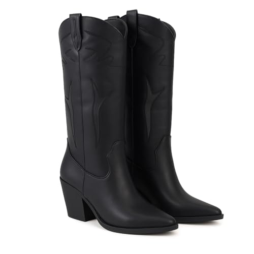 YOKI GAYLE-34 Women’s Western Knee High Cowgirl Boots – Pointed Toe, Block Heel, Side Panels & Pull-On Design