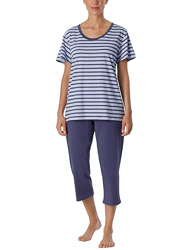 Schiesser Damen Schlafanzug 3/4, 1/2 Arm Pyjamaset, blau gestreift, 46