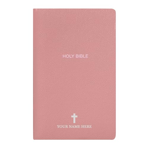 MerchSalad Personalized NKJV Bible New King James Version Faux Leather Holy Bible with Custom Name SMALL PRINT with Red-Highlighted Verses Custom Gift for Christian & Religious Celebrations | Pink