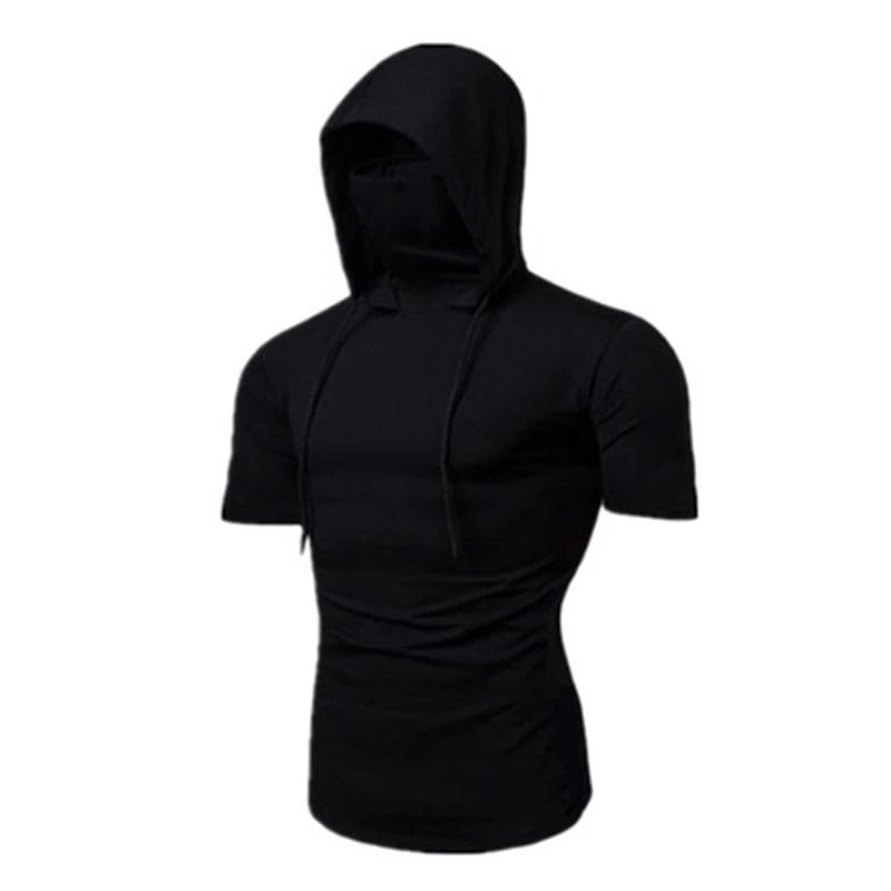 Sudadera Fina con Capucha para Gimnasio, Camiseta con Capucha de Manga Corta con máscara, Sudadera Casual Black Grande