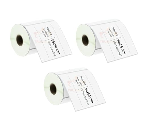 Image of True-Ally 3Pcs 50x50 Direct Thermal (DT) Square Barcode Label Sticker - 2 x 2 inch -50mm x 50mm - 500 Labels /Roll - White Self Adhesive for Printing Barcoding Labels (Pack of 3)