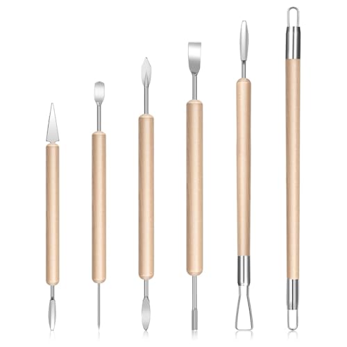 Lonrtesw Kit de Herramientas para Esculpir Arcilla: Juego Profesional de Arcilla Polimérica con Mangos de Madera (6 Piezas para Recortar, Dar Forma y Moldear).