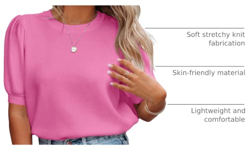 Image of Womens Puff Short Sleeve Sweater Tops Crewneck Basic Knit Pullover Lightweight Casual Sweaters