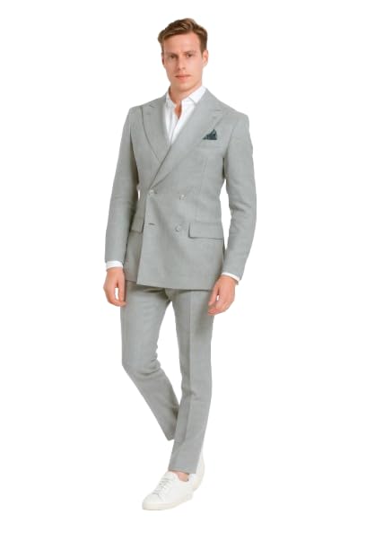 Men’s Light Grey Double Breasted Suit – Ultra Slim Fit Business & Wedding Suit