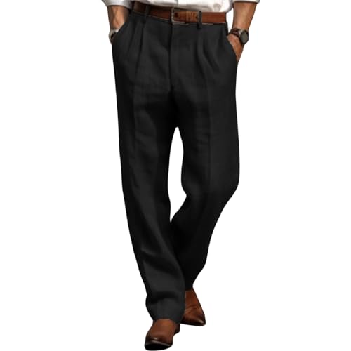 Men's Linen Pants Lightweight Straight Leg Pleated Leisure Trouser Relaxed Fit Casual Yoga Beach Work Dress Pant