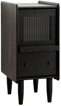 Small Black Wood Bedside Table - Narrow Nightstand with Solid Wood Legs, Flip-Top Handle, Durable Storage Cabinet for Bedroom, Living Room, 9.8" x 13.8" x 20.9"