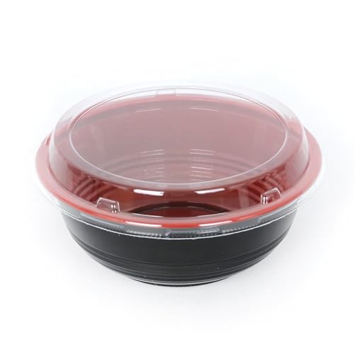 POPMISOLER 300-Pack 18oz Asian-style microwave salad bowls (with lids) | Red and black disposable takeaway bowls | For picnics and takeaways