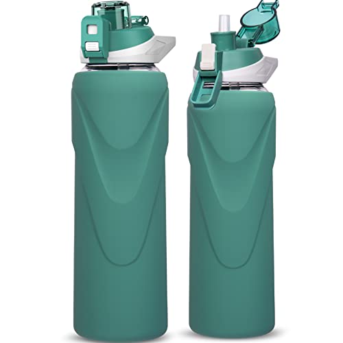 DEARRAY 1 litro / 1l Botella Agua Cristal Deportiva con Pajita y Funda de Silicona Botella Agua Vidrio de Borosilicato...