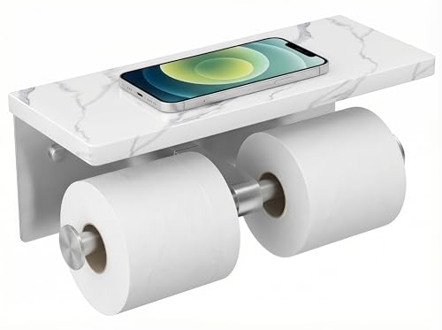 FORIOUS Toilet Paper Holder with Shelf Marble Wall Mount Tissue Roll Holder for Bathroom Washroom 304 Stainless Steel Double Commercial Toilet Tissue Dispensers with Phone Shelf Brushed Nickel