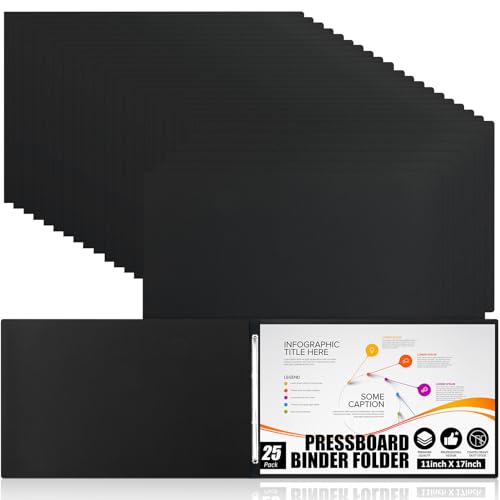 Resurhang 25 Pcs 11x17 Inch Pressboard Report Cover, 3" Capacity Presentation Binder Folder with Metal Prong Paper Fastener to Neatly Bind Reports Proposals Transcripts, Other Documents (Black)