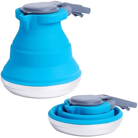 PRO OUTDOOR Collapsible Kettle - 1.5L Food Grade Silicone Teapot with Lid Lock - Hot Water, Coffee, Tea - Portable Travel, Camping, Hiking - Heat-Resistant up to 250°C, Stainless Steel Base, Blue Cover